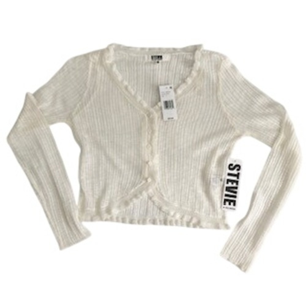 Stevie by Steve Madden Egret White Ruffle Ribbed Cropped Cardigan N3343AST M